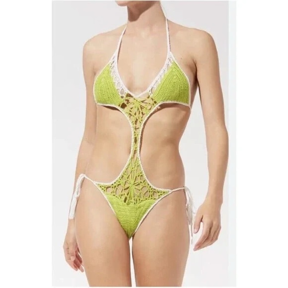 Solid & Striped The Marina Crochet One Piece In Kiwi Green